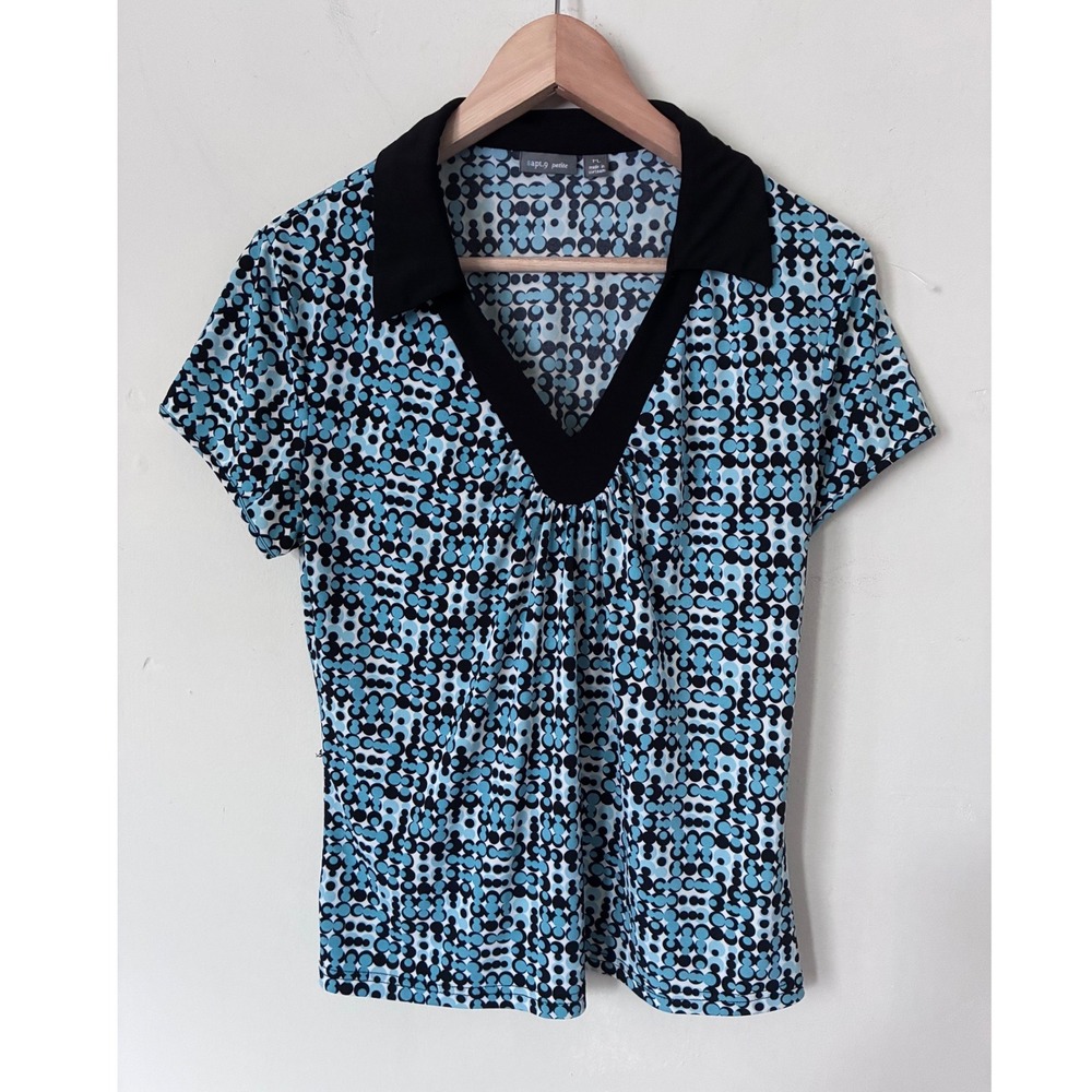 Apt. 9 Petite Y2K Womens Blue Geometric Circle Print V-Neck Short Sleeve Top PL